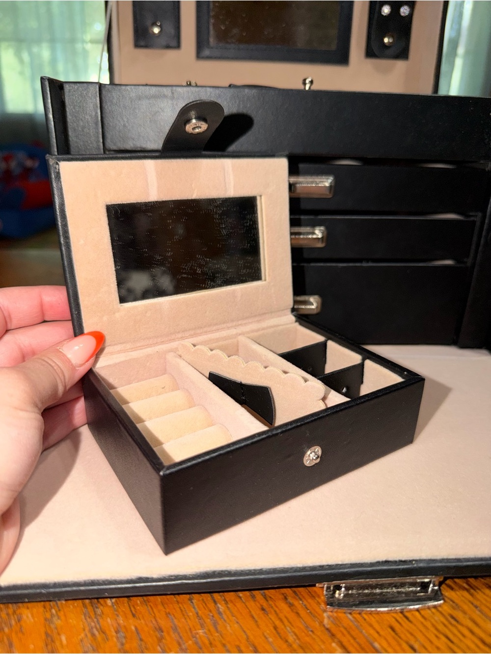 Black Travel Jewelry Box with Beige Suede Interior